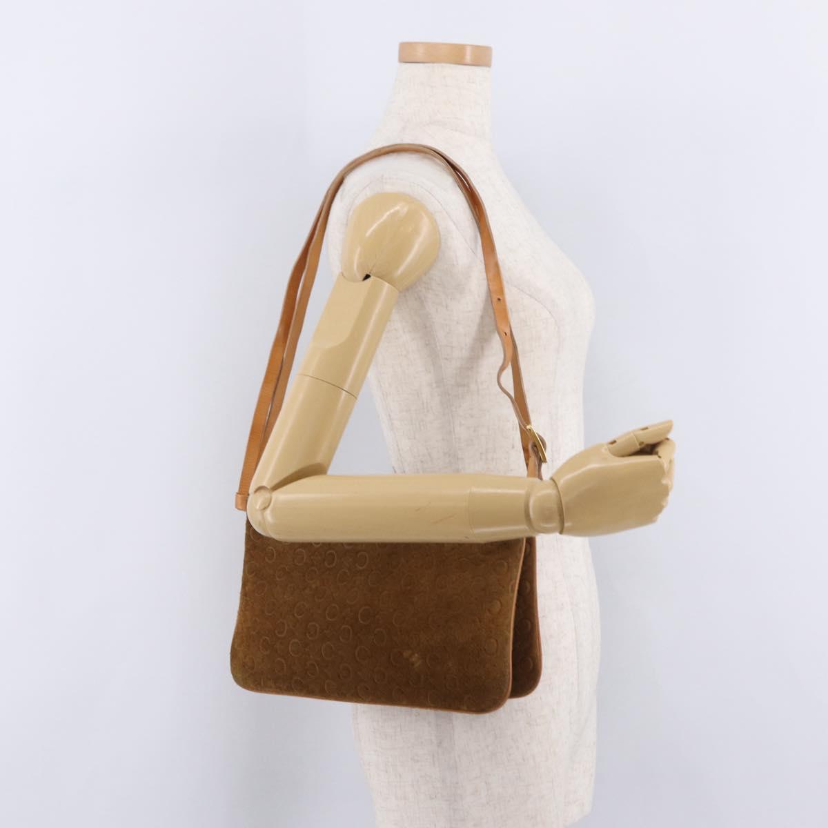 CELINE C Macadam Canvas Shoulder Bag Suede Brown Gold Auth 201247