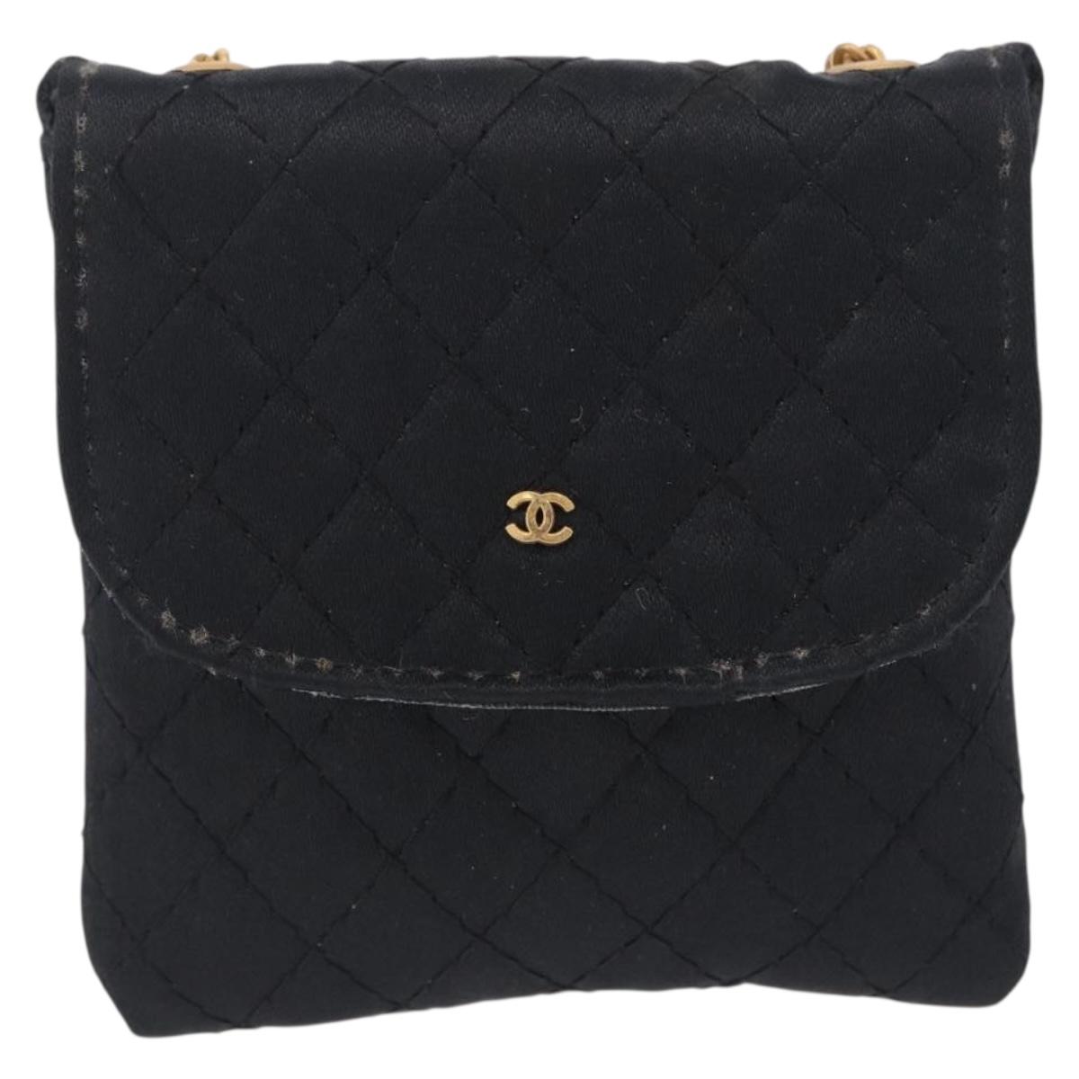 CHANEL Matelasse Chain Shoulder Pouch Satin Black Gold Tone CC Auth 201248