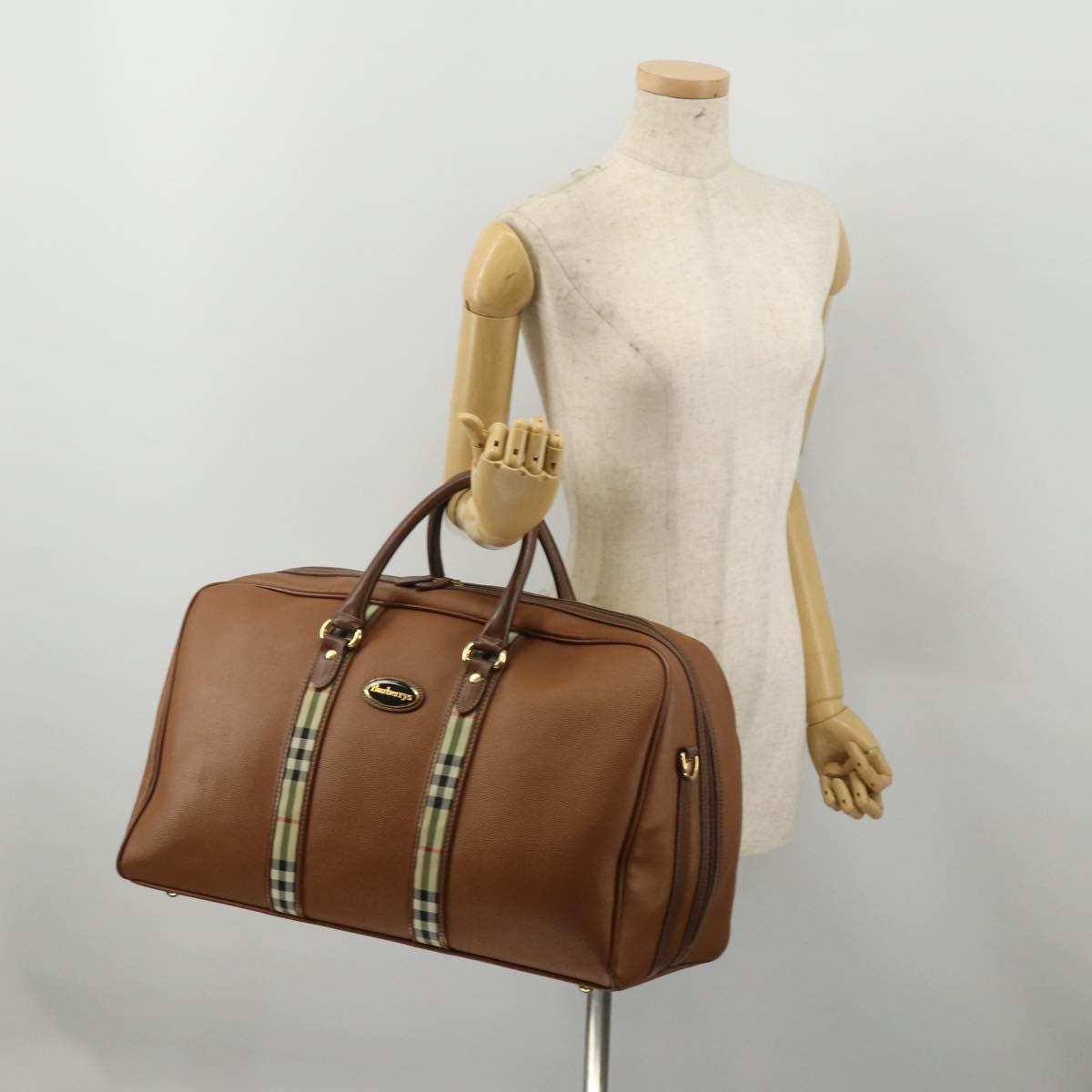 Burberrys Boston Bag Leather Brown Gold Tone Auth 201252A