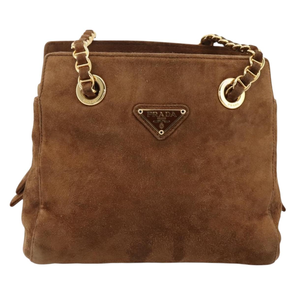 PRADA Chain Shoulder Bag Suede Brown Gold Auth 201258V