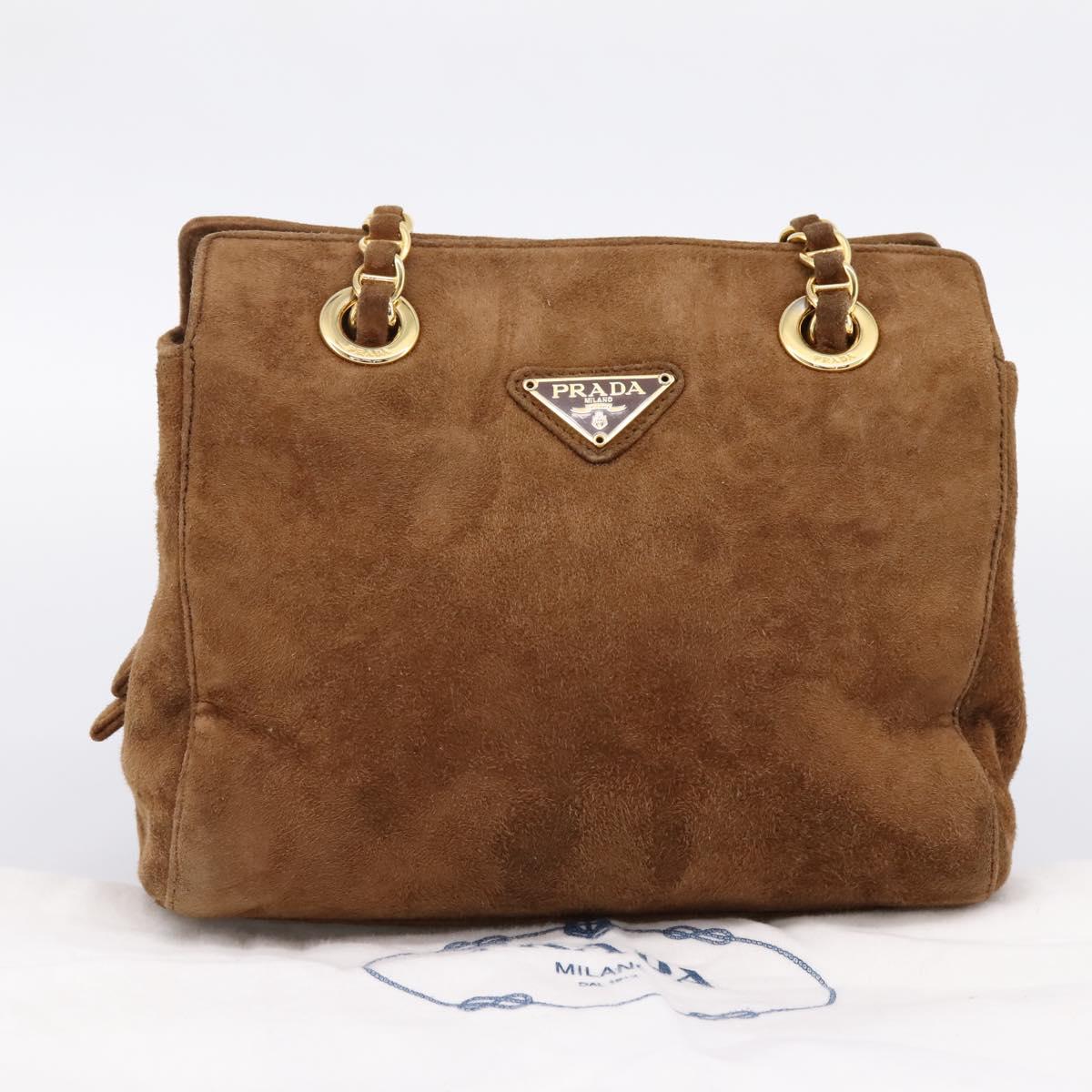 PRADA Chain Shoulder Bag Suede Brown Gold Auth 201258V