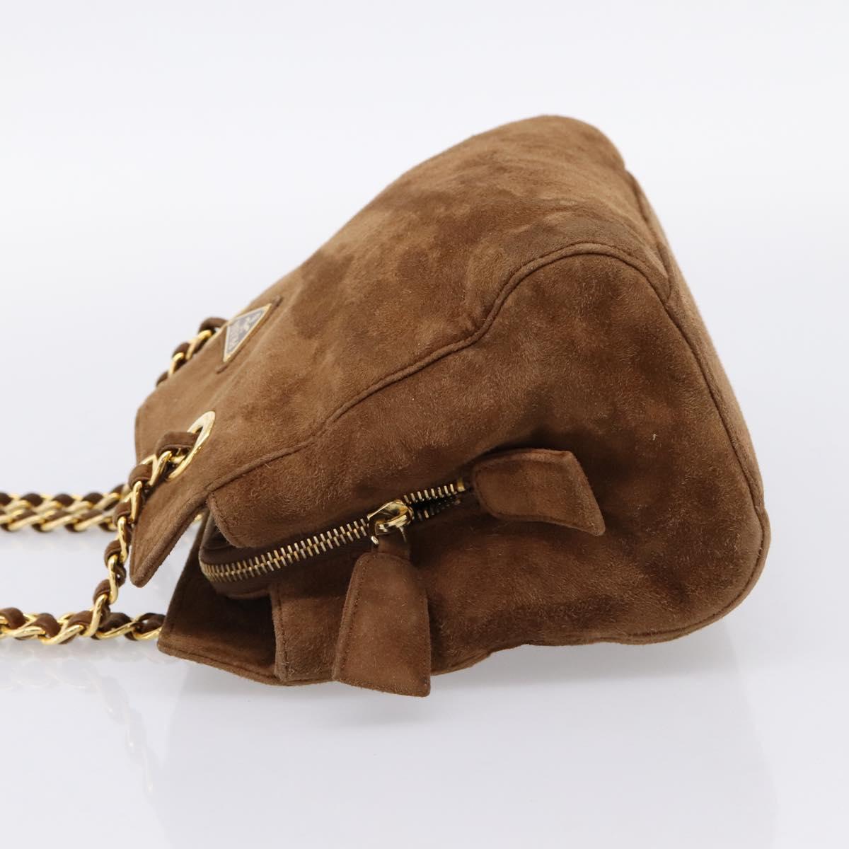 PRADA Chain Shoulder Bag Suede Brown Gold Auth 201258V