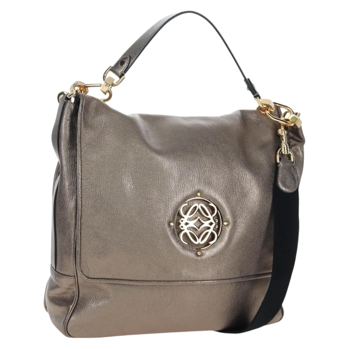 LOEWE Hand Bag Leather 2way Silver Gold Tone Auth 201259V