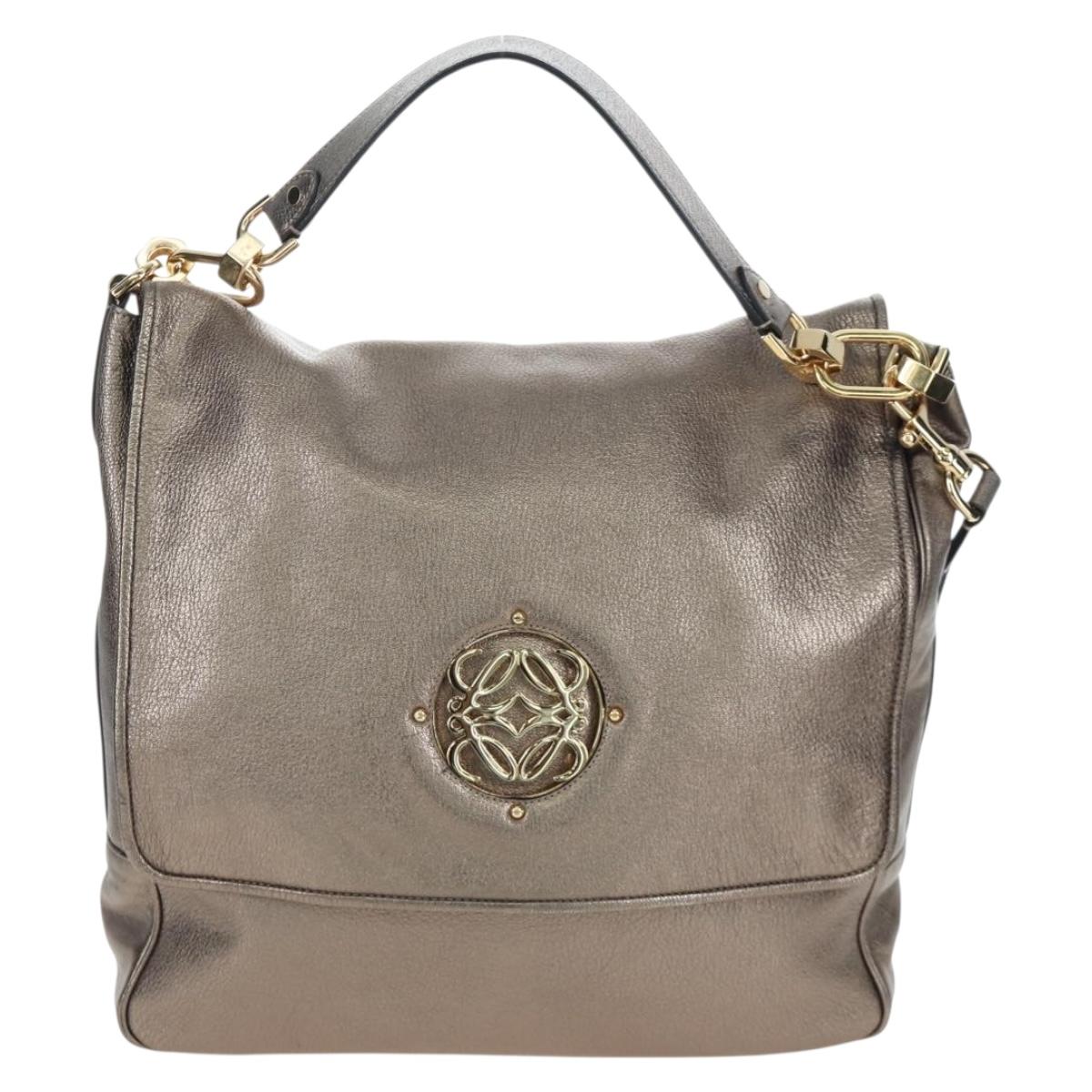 LOEWE Hand Bag Leather 2way Silver Gold Tone Auth 201259V