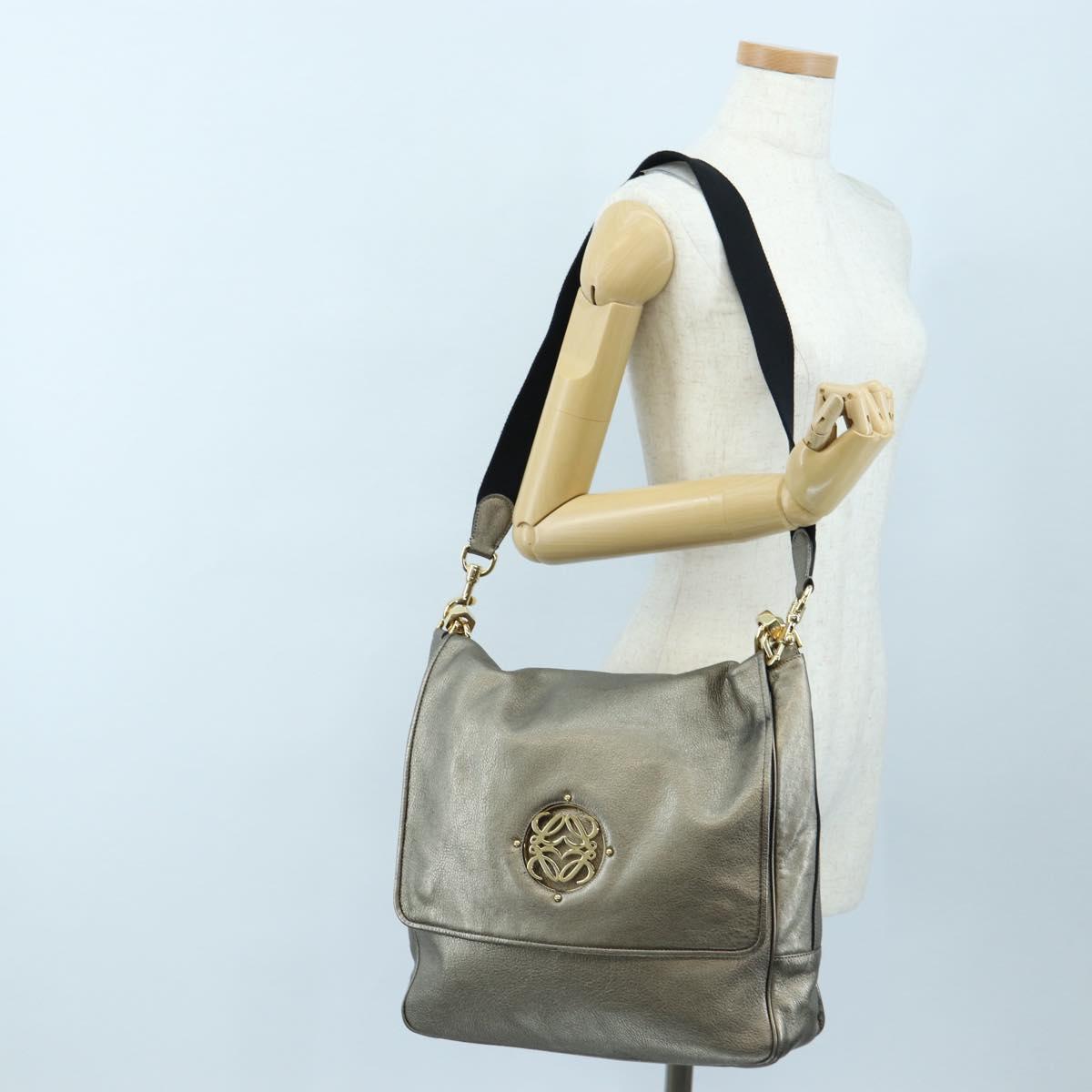 LOEWE Hand Bag Leather 2way Silver Gold Tone Auth 201259V