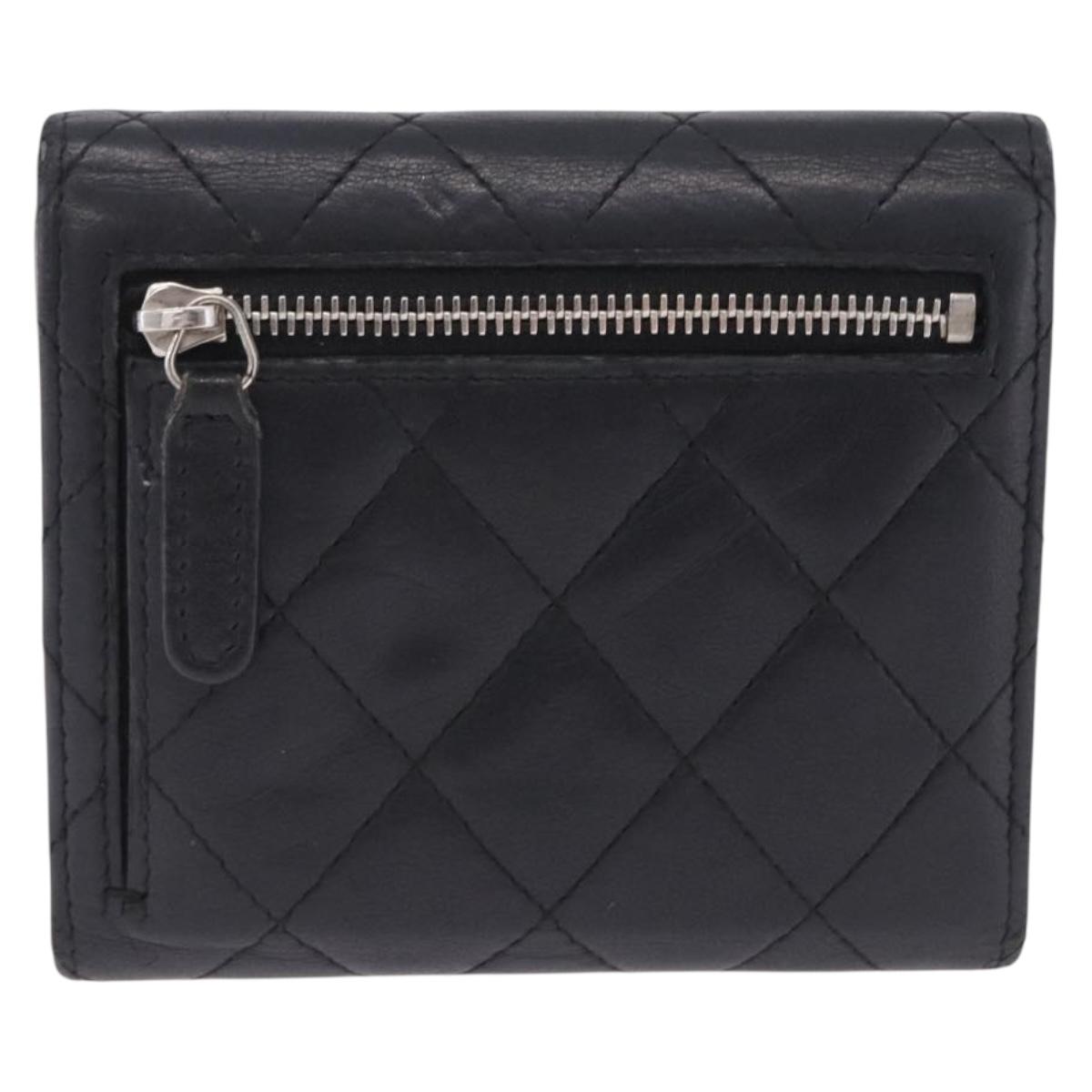 CHANEL Matelasse Bifold Wallet Lamb Skin Black Silver CC Auth 201281A