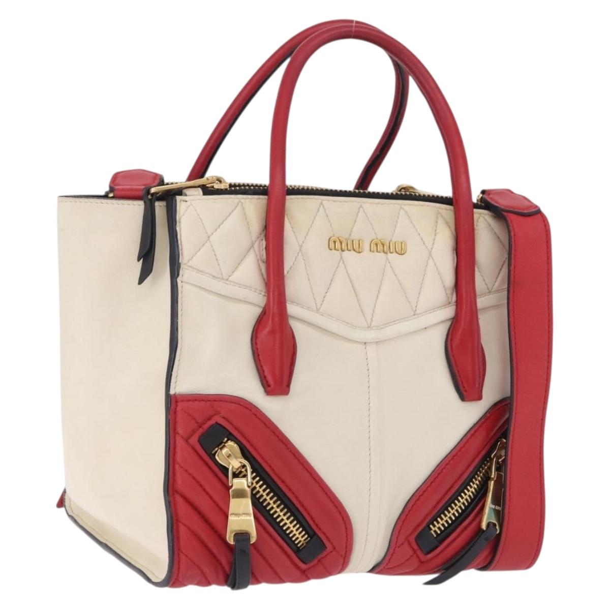 Miu Miu Biker Matelasse Hand Bag Leather 2way Ivory Red Auth 201287
