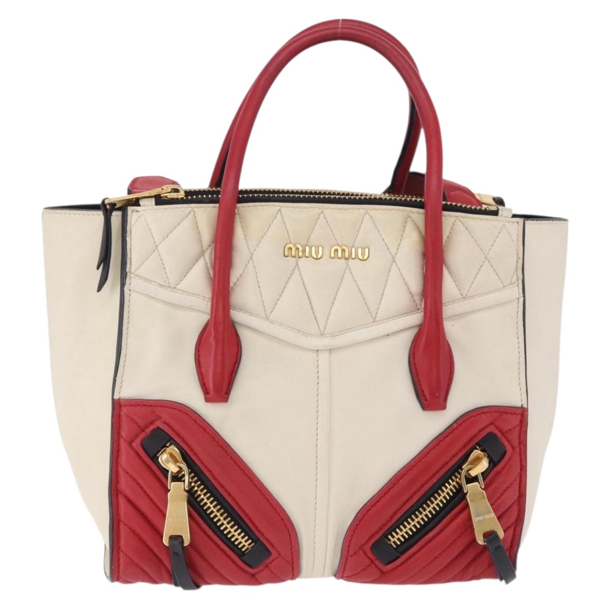 Miu Miu Biker Matelasse Hand Bag Leather 2way Ivory Red Auth 201287