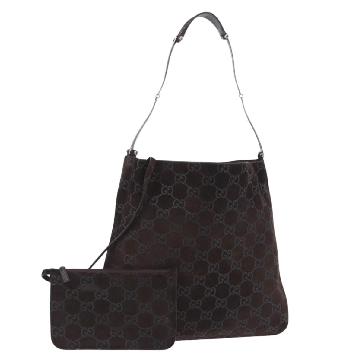GUCCI GG Canvas Shoulder Bag Suede Brown Silver 001 3181 Auth 201288V