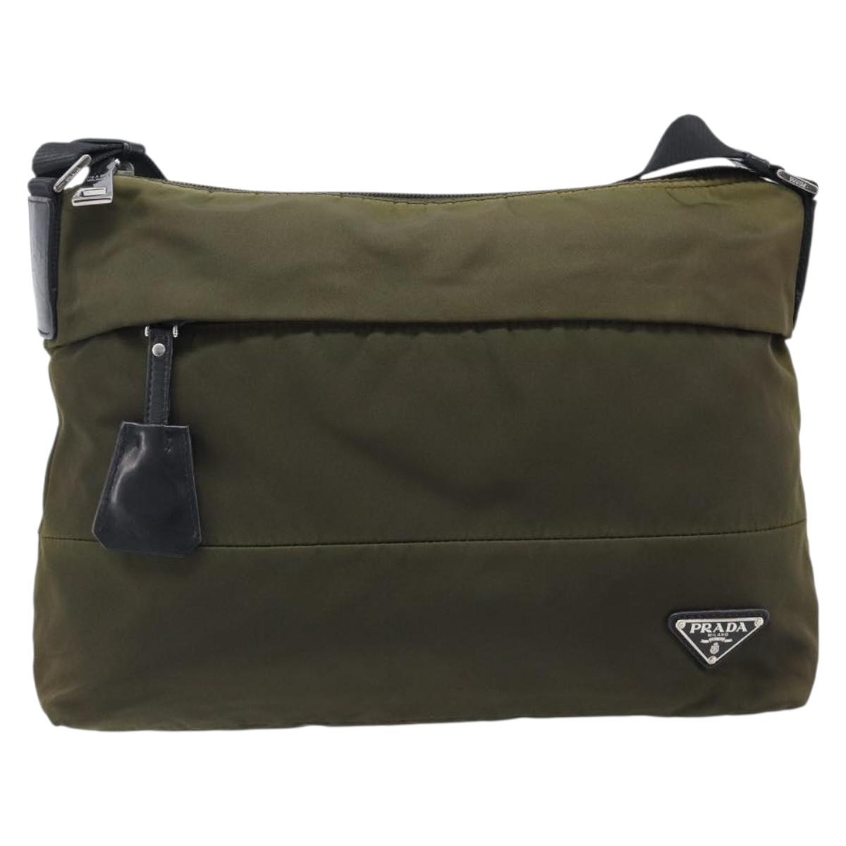 PRADA Shoulder Bag Nylon Khaki Silver Auth 201291A