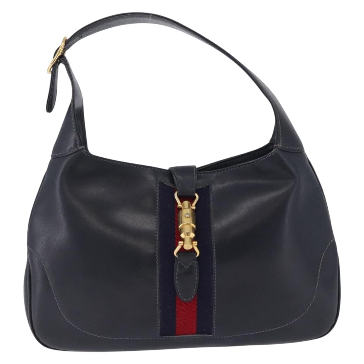 GUCCI Jackie Hand Bag Leather Navy Gold Tone Auth 201295V