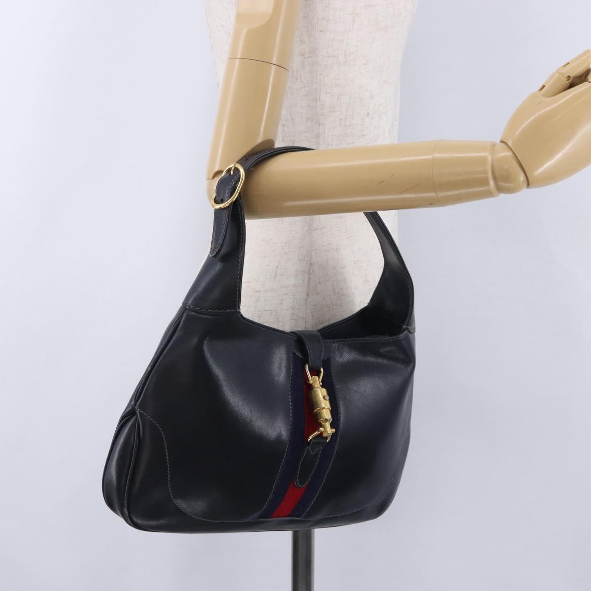 GUCCI Jackie Hand Bag Leather Navy Gold Tone Auth 201295V