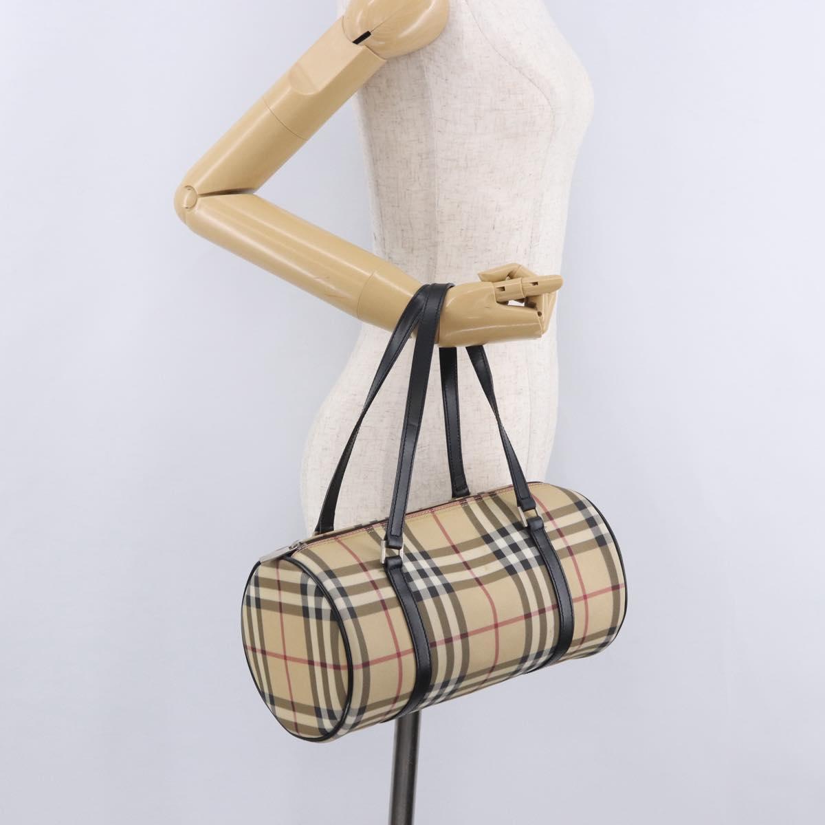 BURBERRY Nova Check Hand Bag PVC Leather Beige Silver Auth 201315V