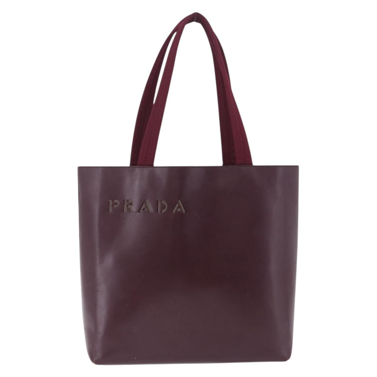 PRADA Tote Bag Leather Wine Red Auth 201318