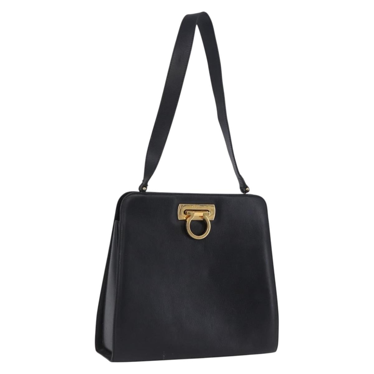 Salvatore Ferragamo Gancini Shoulder Bag Leather Black Gold Tone Auth 201321