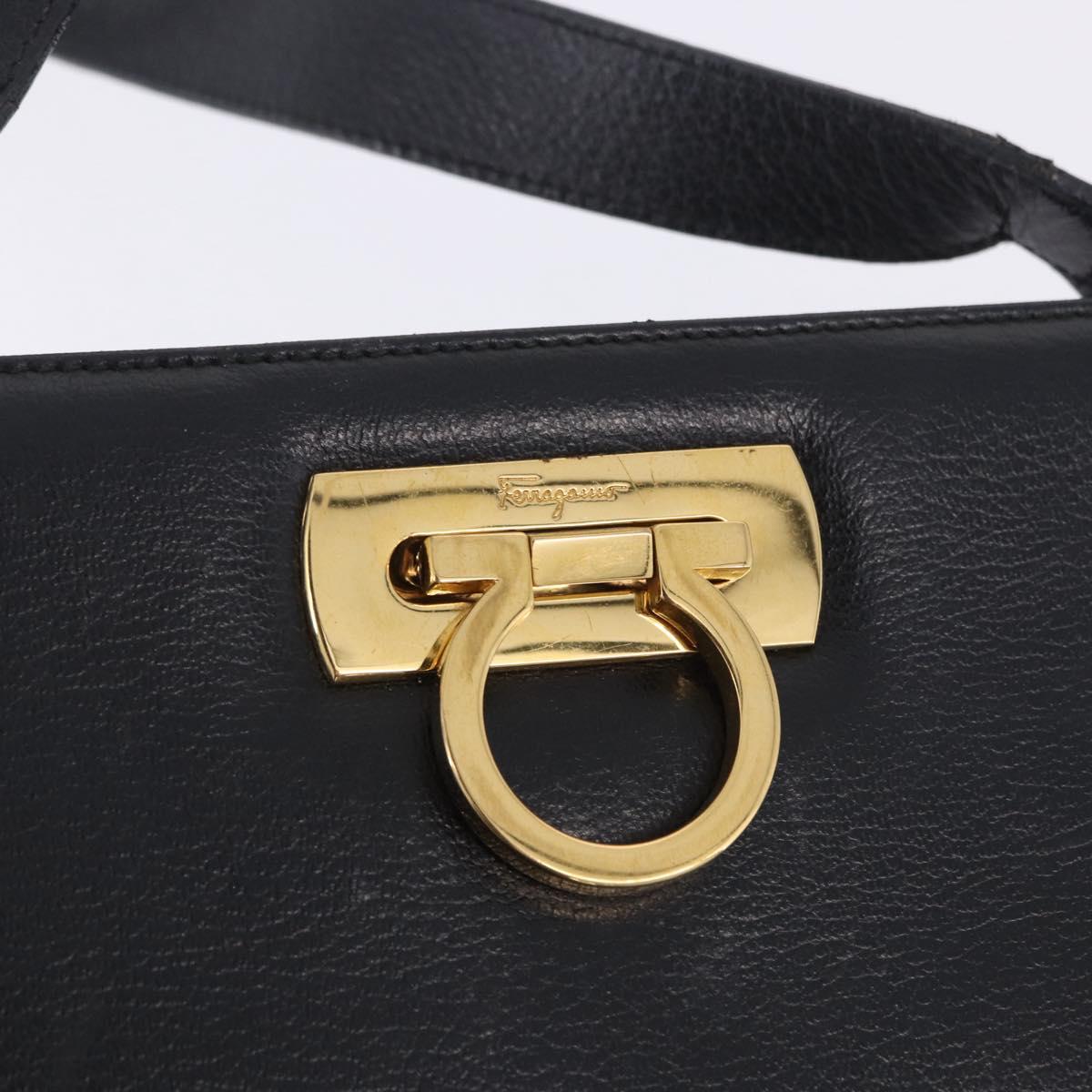 Salvatore Ferragamo Gancini Shoulder Bag Leather Black Gold Tone Auth 201321
