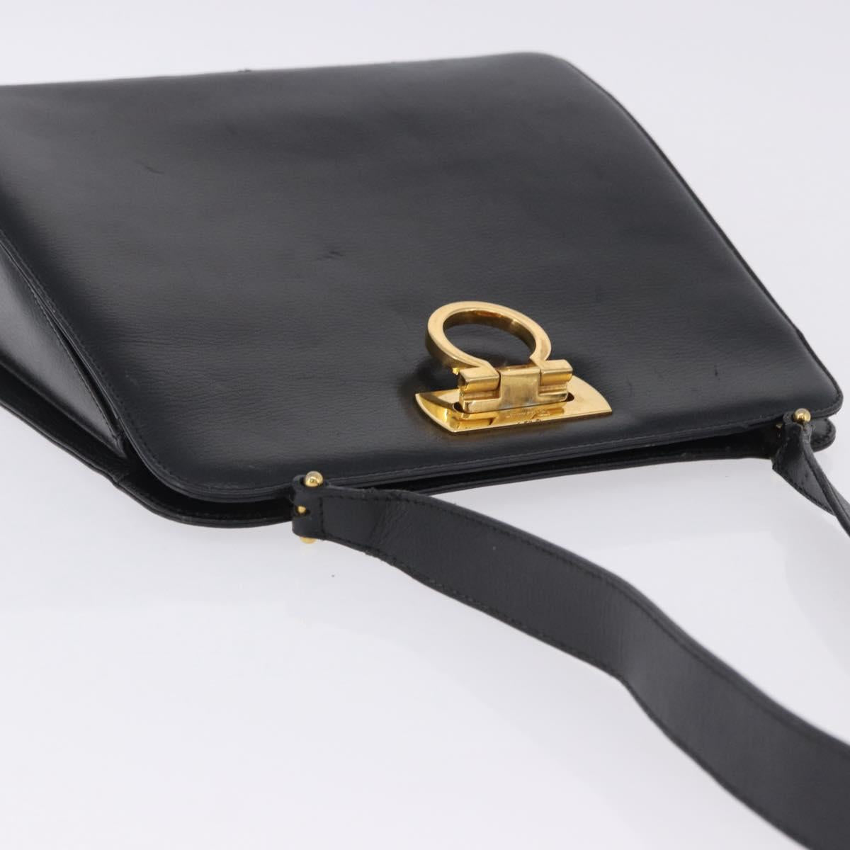 Salvatore Ferragamo Gancini Shoulder Bag Leather Black Gold Tone Auth 201321