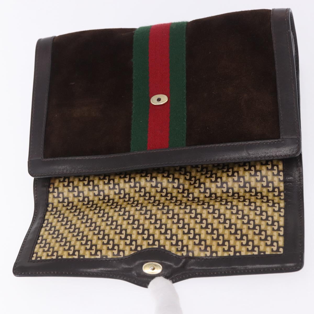 GUCCI Clutch Bag Suede Brown Gold Tone Auth 201327A