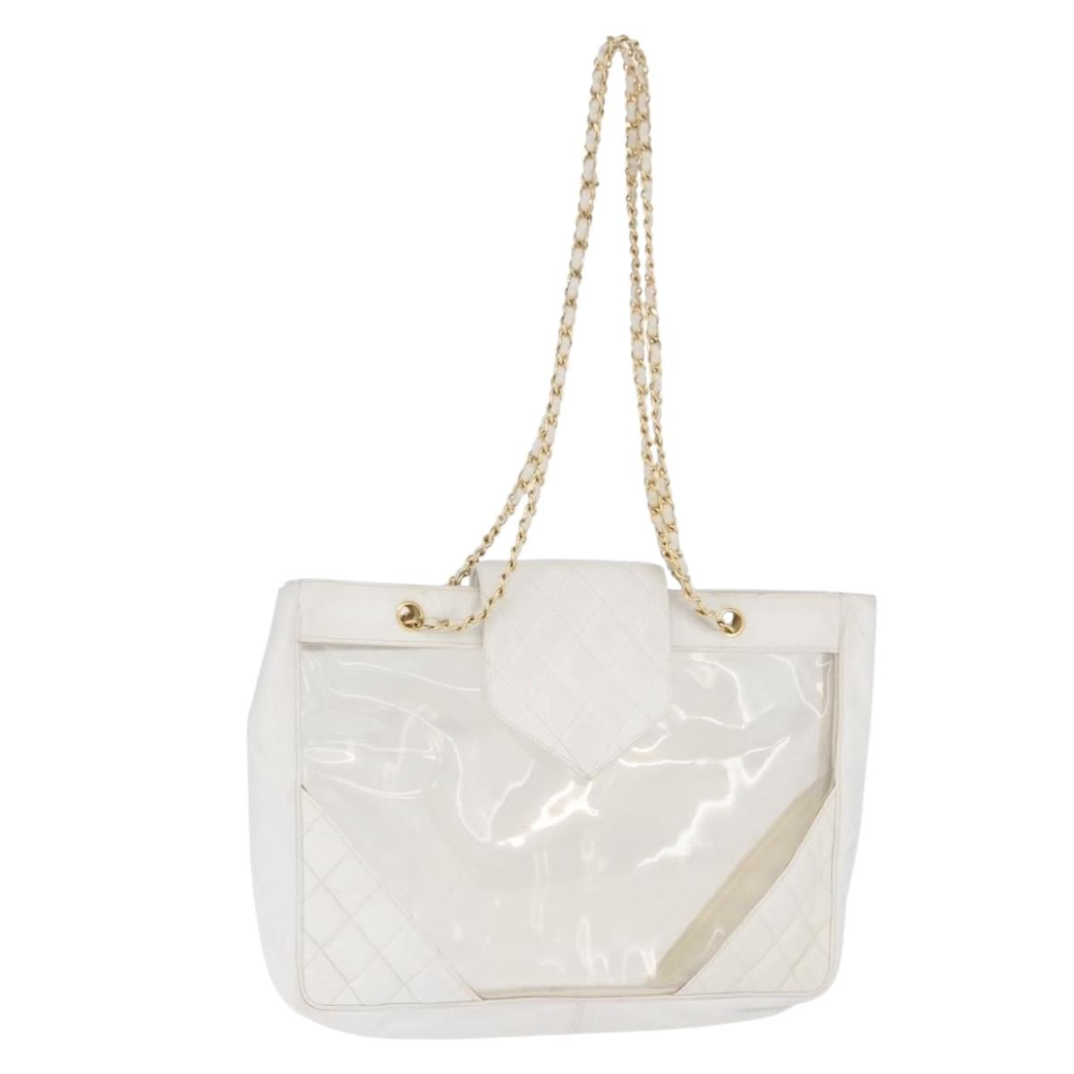 CHANEL Matelasse Chain Shoulder Bag Vinyl White Gold Tone CC Auth 201328