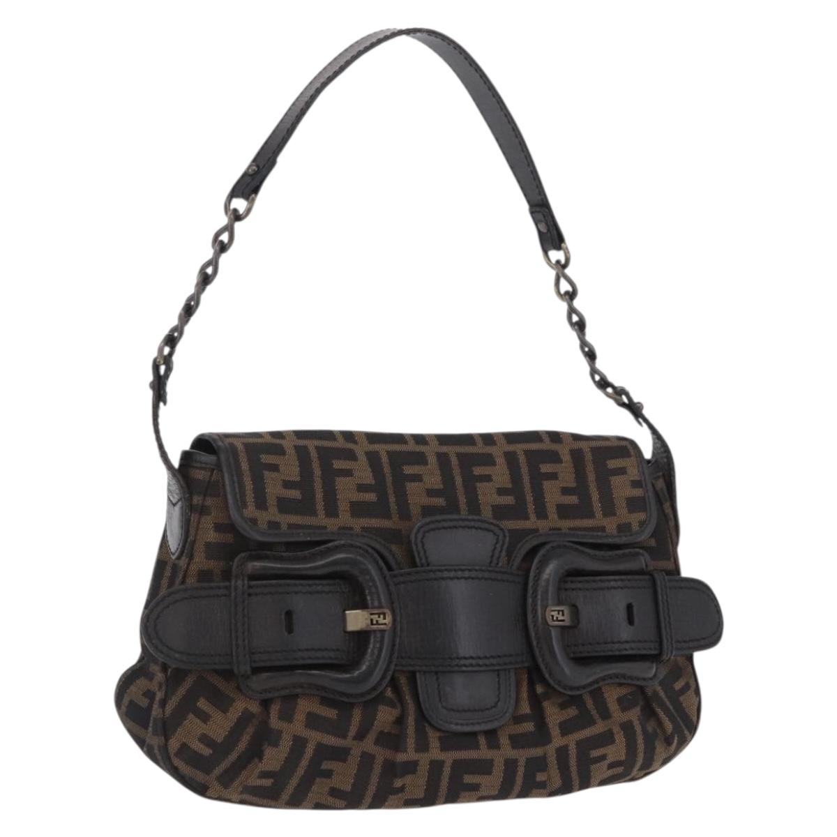 FENDI Zucca Canvas Chain Shoulder Bag Black Brown Auth 201338V