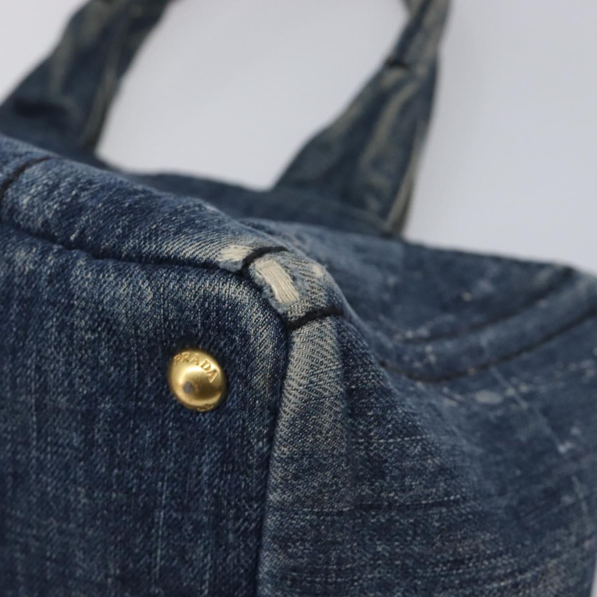 PRADA Canapa MM Hand Bag Denim Blue Gold Auth 201344