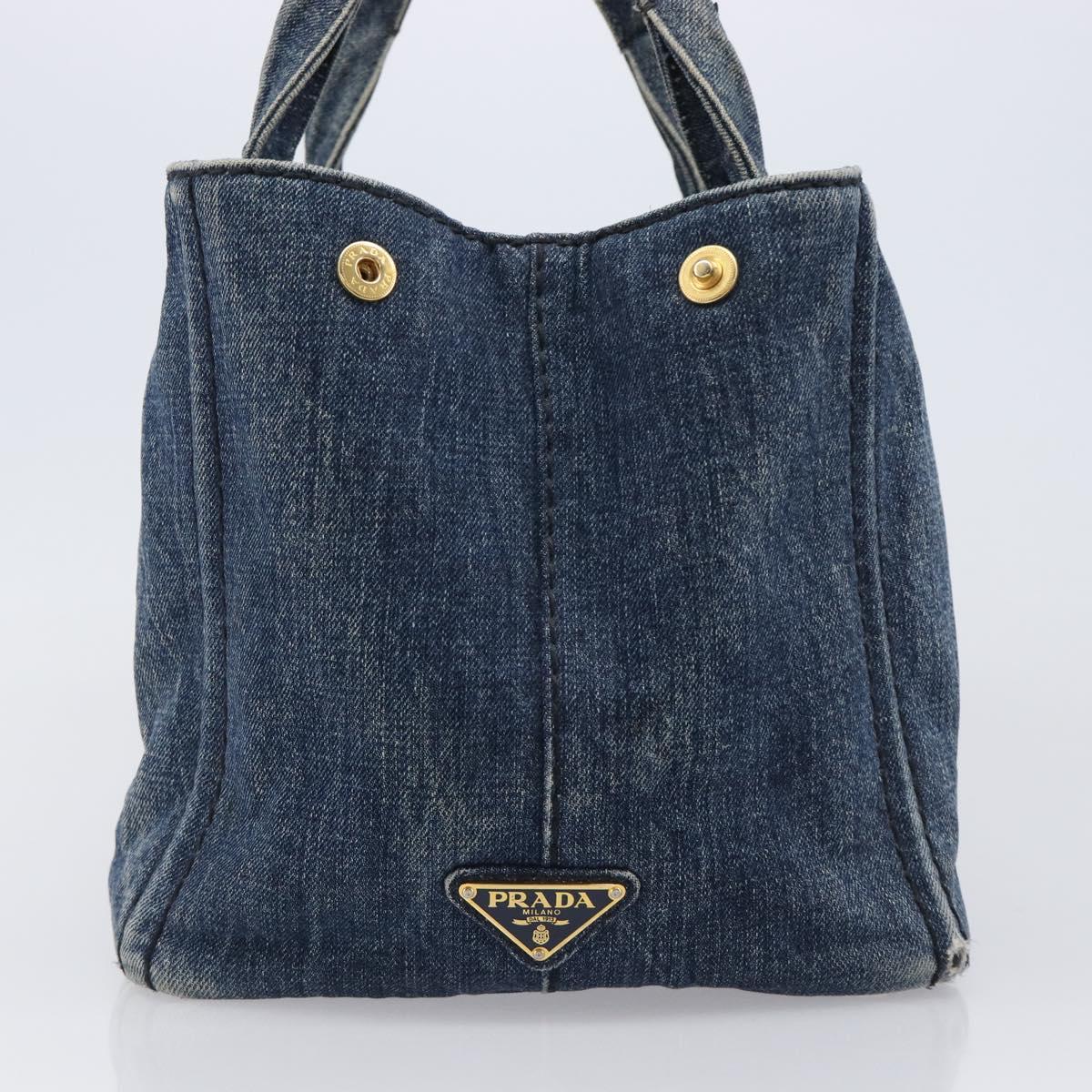 PRADA Canapa MM Hand Bag Denim Blue Gold Auth 201344