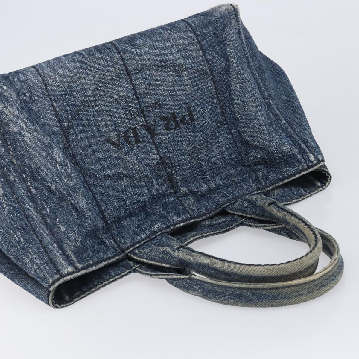PRADA Canapa MM Hand Bag Denim Blue Gold Auth 201344