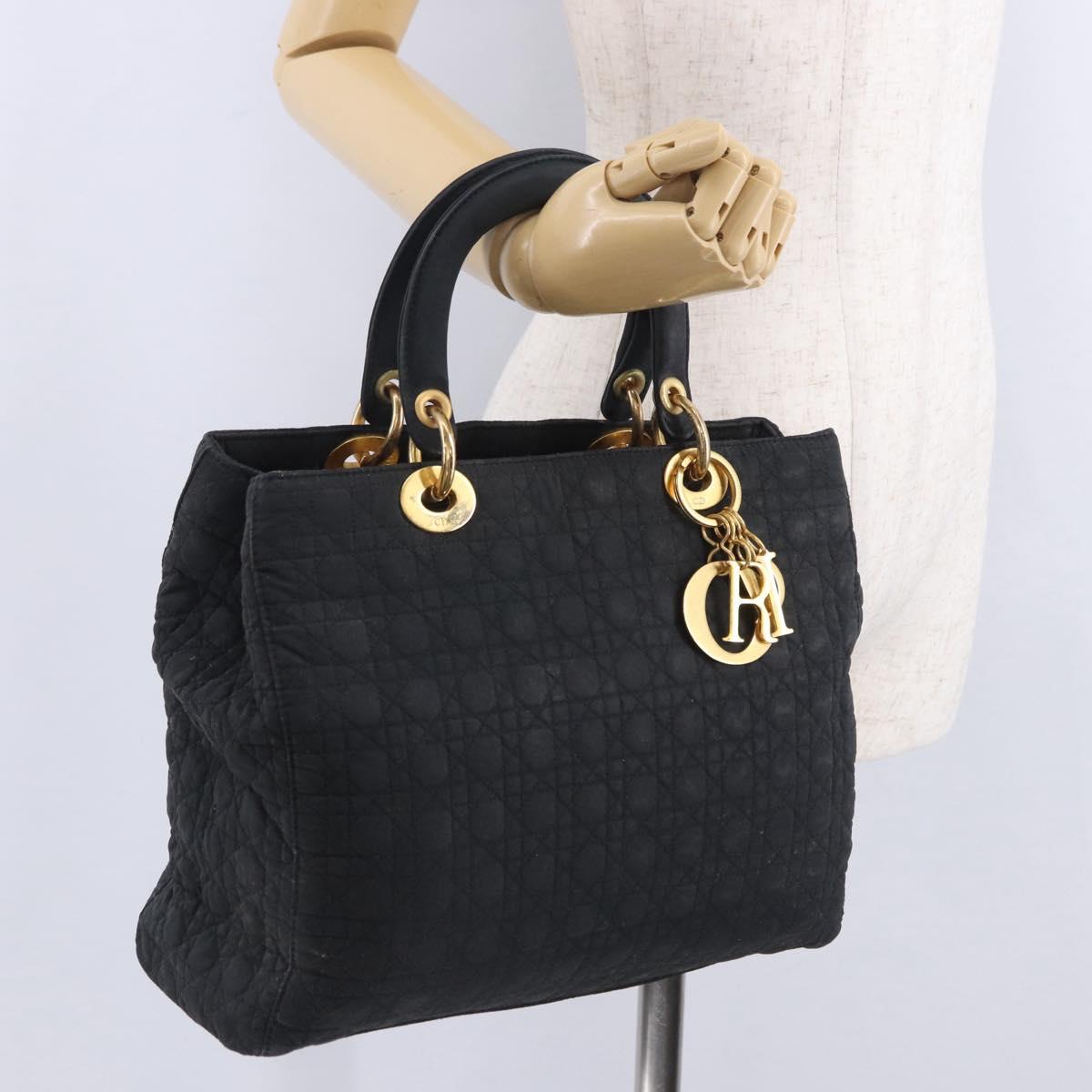 Christian Dior Lady Dior Canage Hand Bag Canvas Black Gold Auth 201352