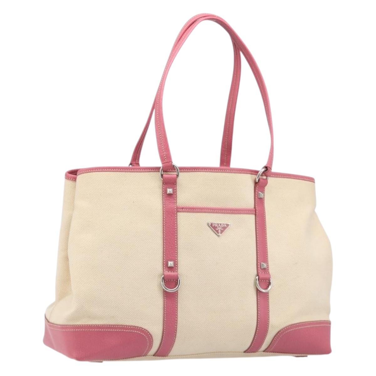PRADA Tote Bag Canvas Ivory Silver Auth 201353V