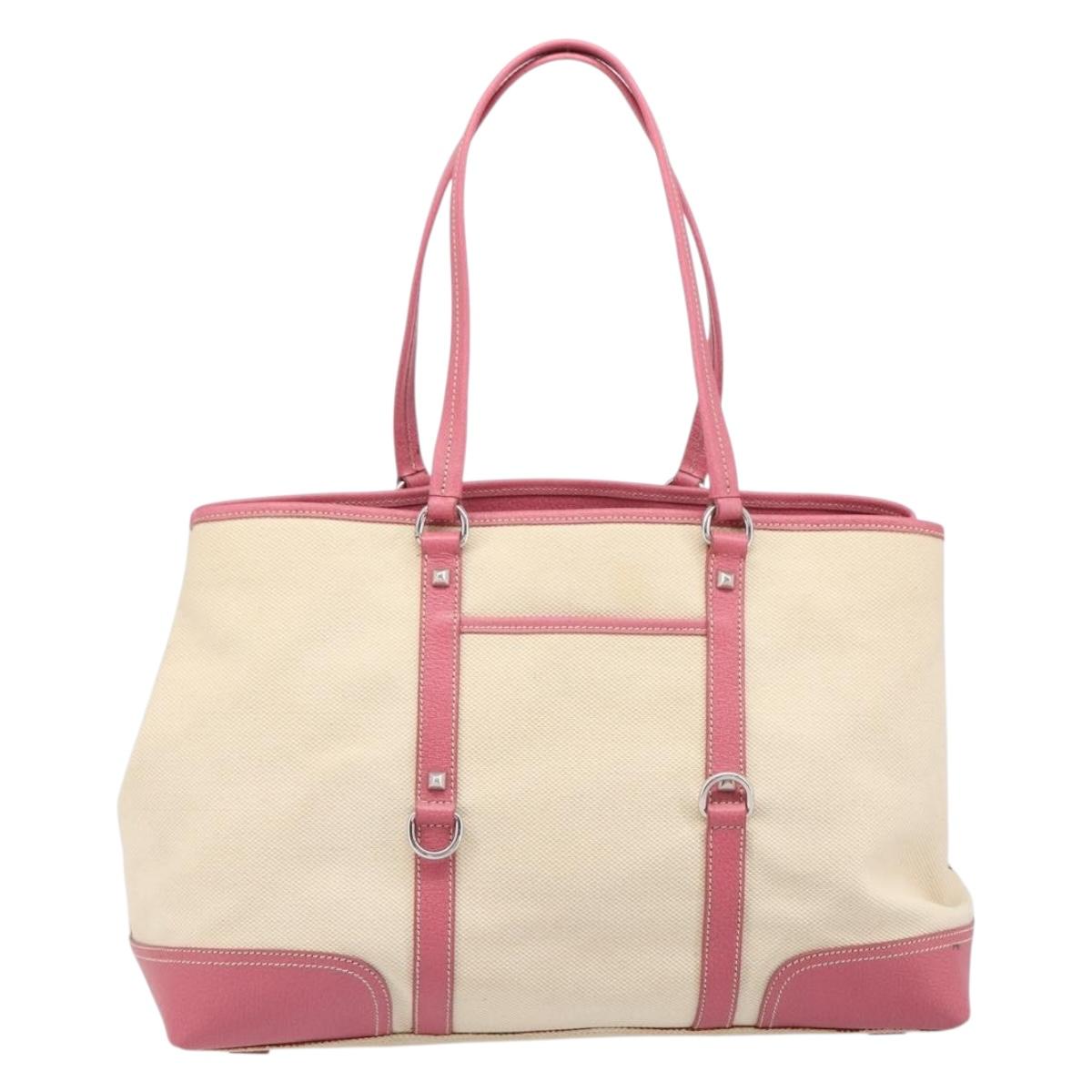 PRADA Tote Bag Canvas Ivory Silver Auth 201353V