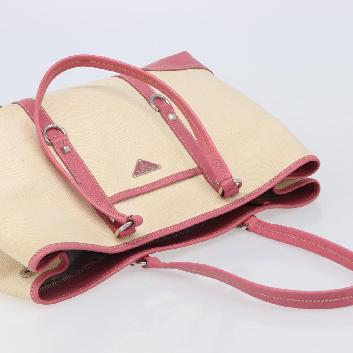PRADA Tote Bag Canvas Ivory Silver Auth 201353V