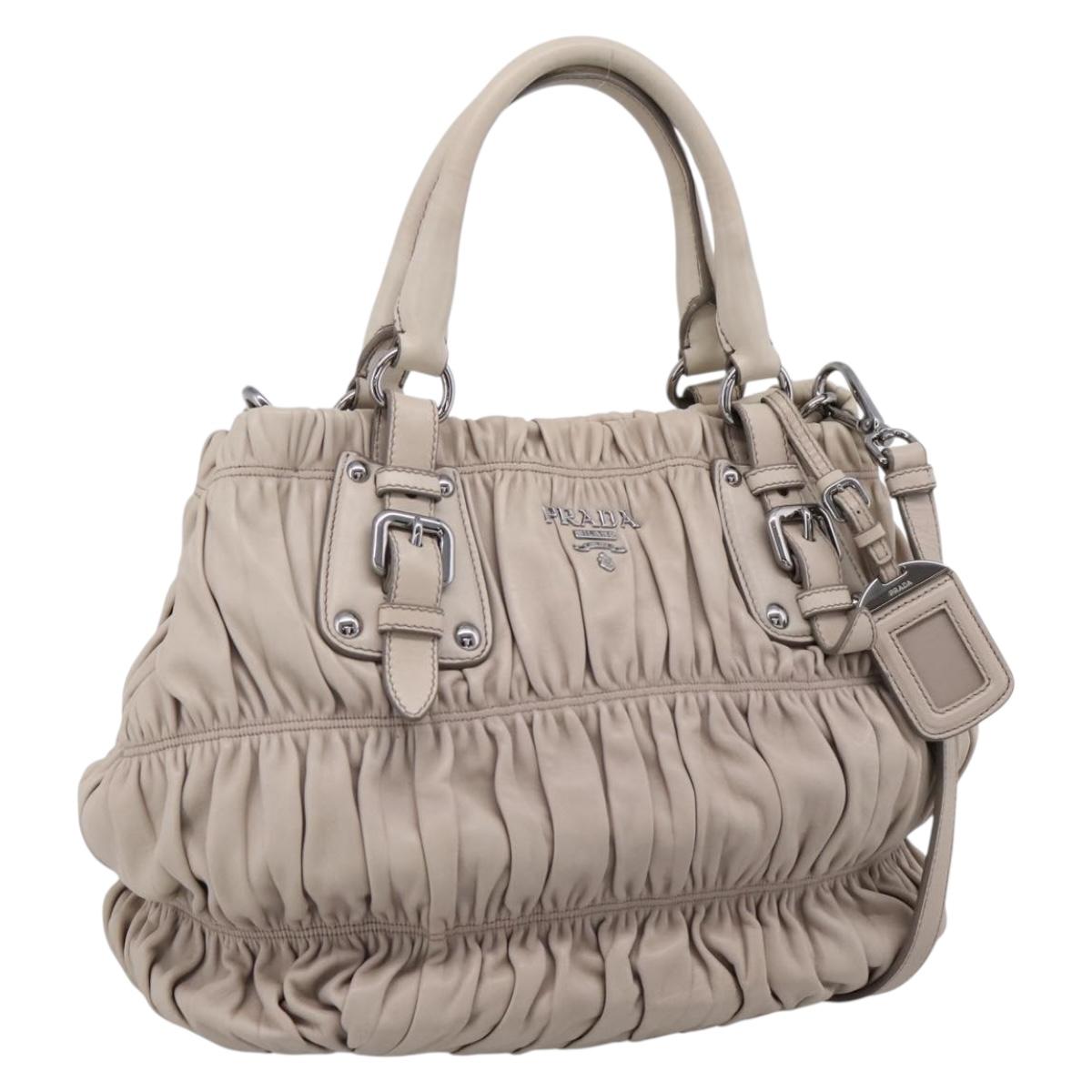 PRADA Gathered Hand Bag Leather 2way Beige Silver Auth 201361V