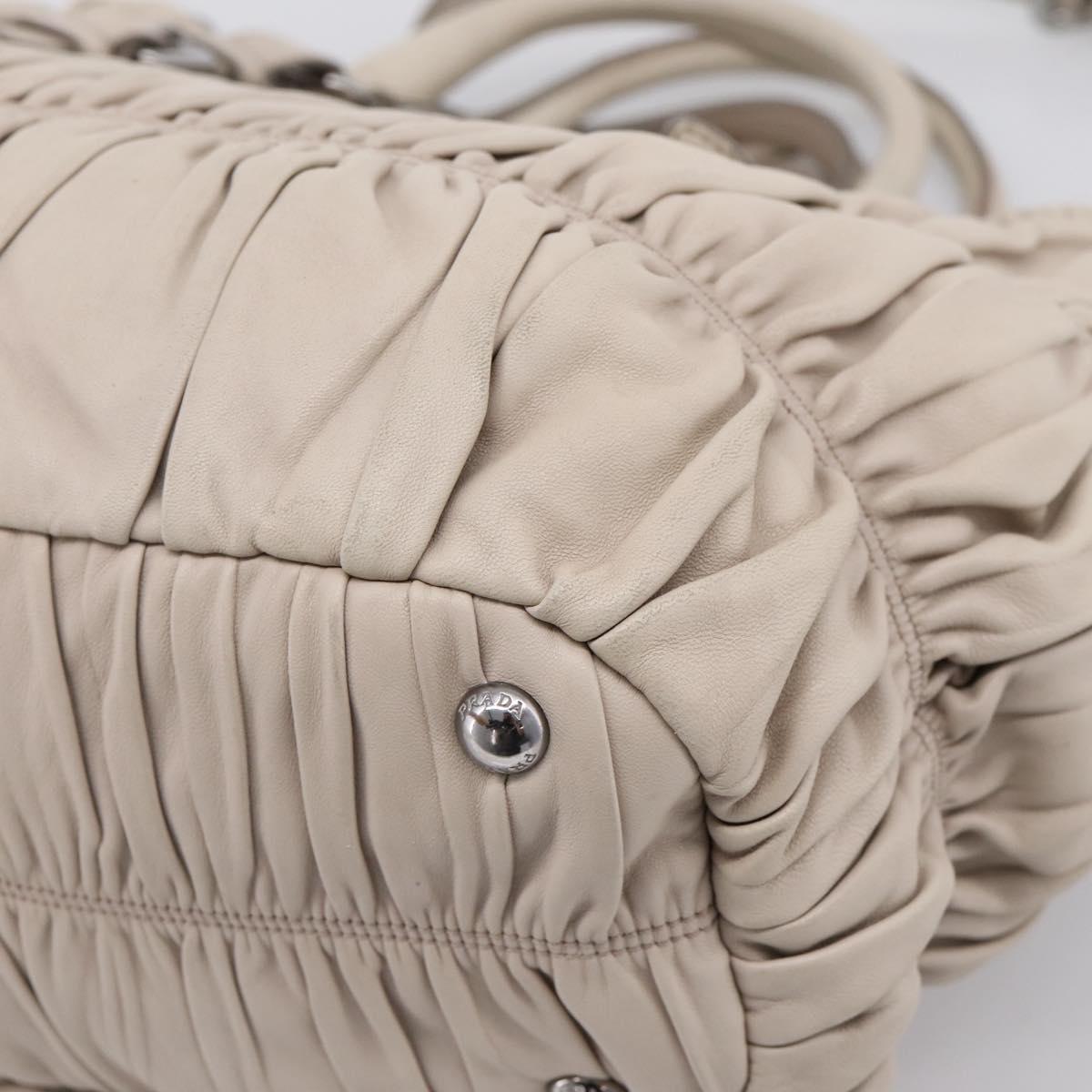 PRADA Gathered Hand Bag Leather 2way Beige Silver Auth 201361V