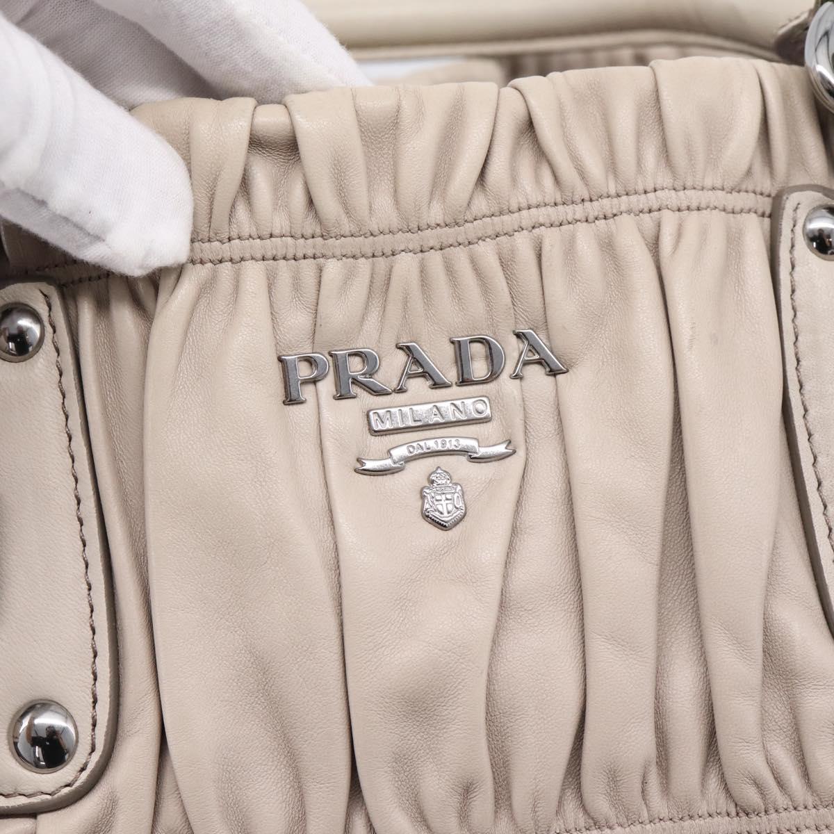 PRADA Gathered Hand Bag Leather 2way Beige Silver Auth 201361V