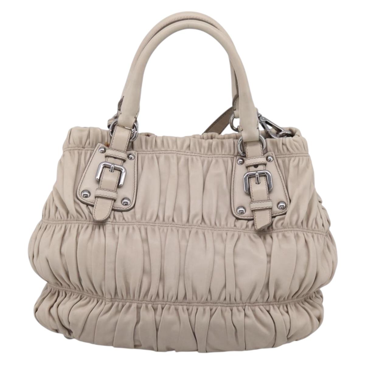 PRADA Gathered Hand Bag Leather 2way Beige Silver Auth 201361V