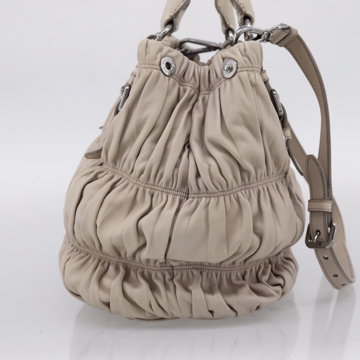 PRADA Gathered Hand Bag Leather 2way Beige Silver Auth 201361V