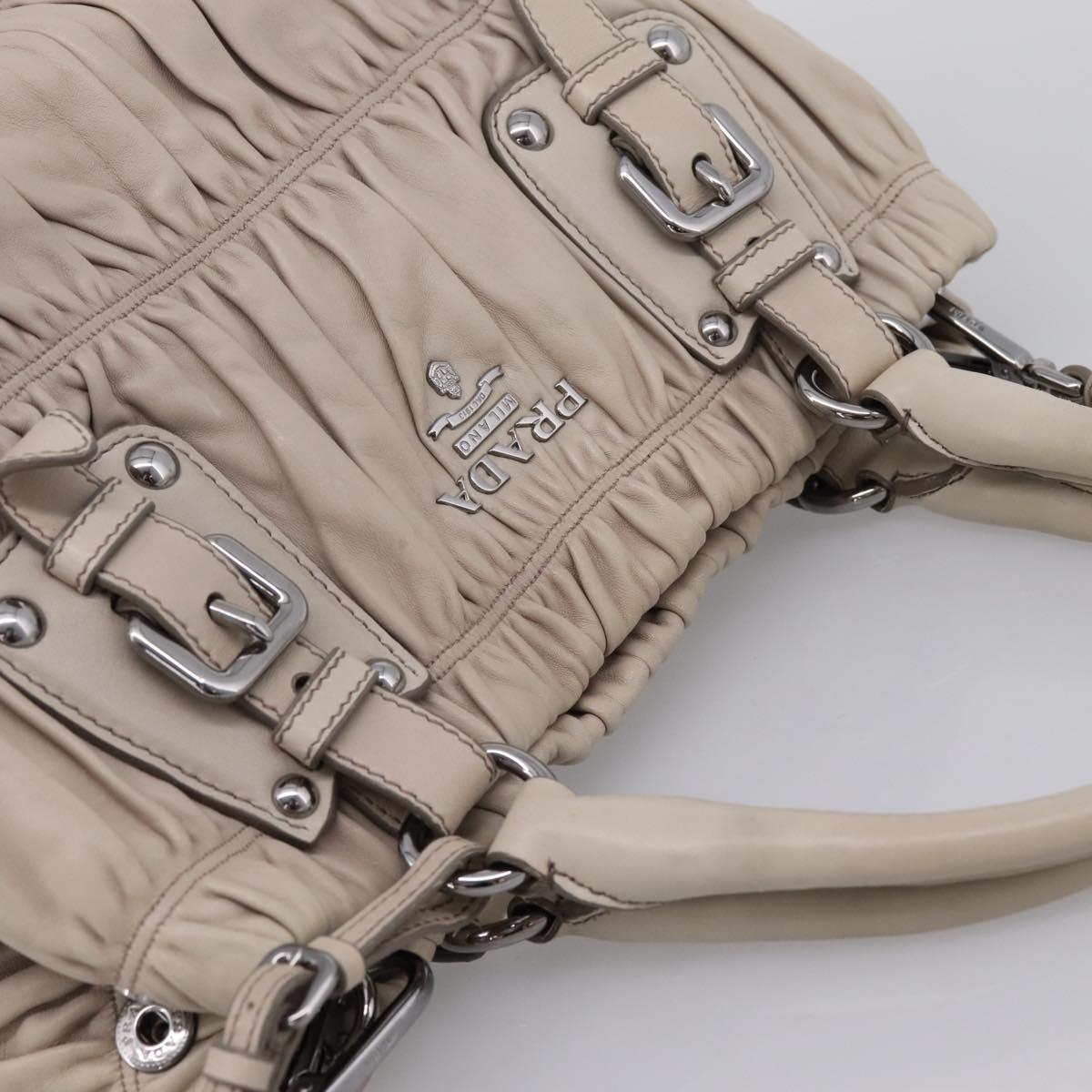 PRADA Gathered Hand Bag Leather 2way Beige Silver Auth 201361V