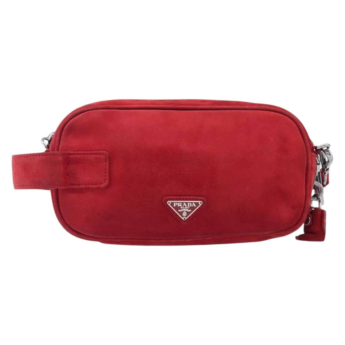 PRADA Shoulder Bag Suede Red Silver Auth 201372