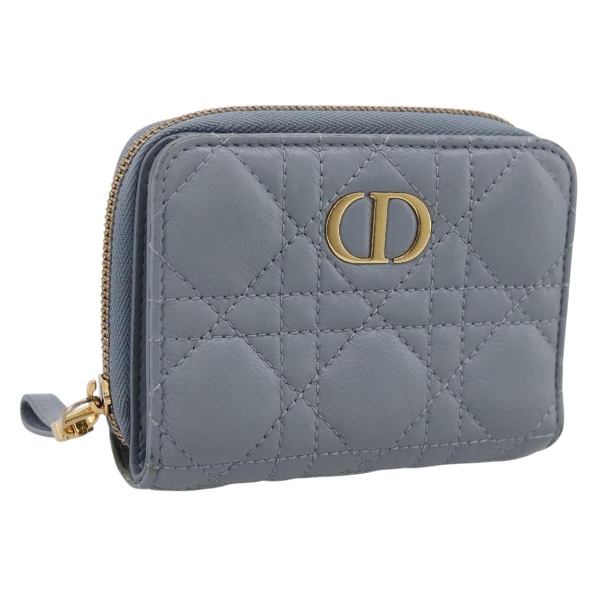 Christian Dior Caro Bifold Wallet Leather Blue Gold Auth 201373A