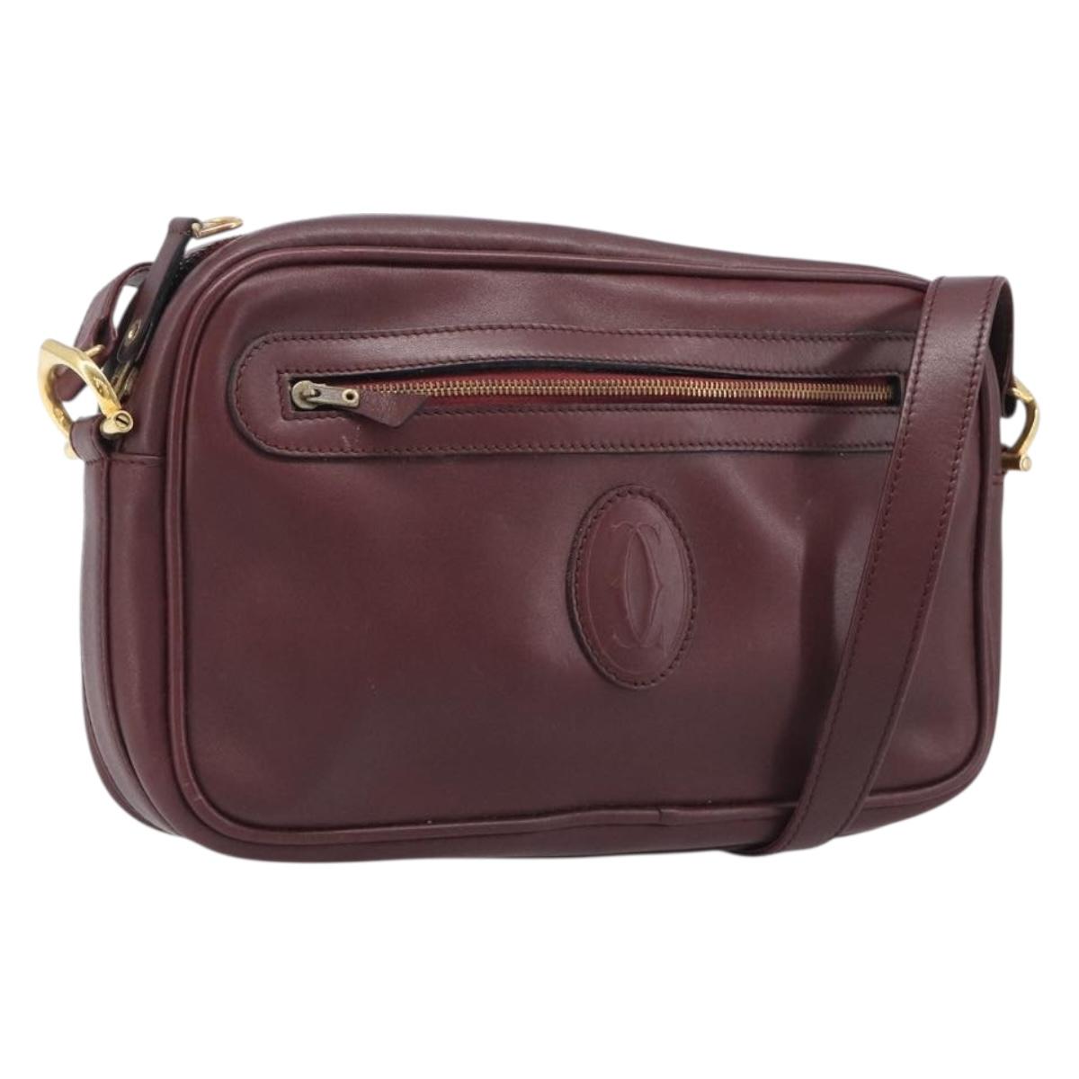 CARTIER Must Line Shoulder Bag Leather Bordeaux Gold Auth 201374