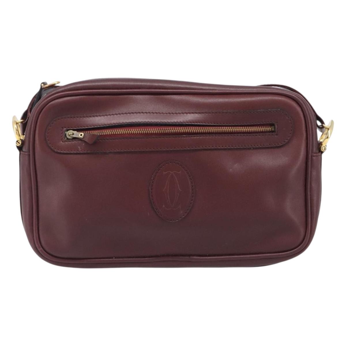 CARTIER Must Line Shoulder Bag Leather Bordeaux Gold Auth 201374