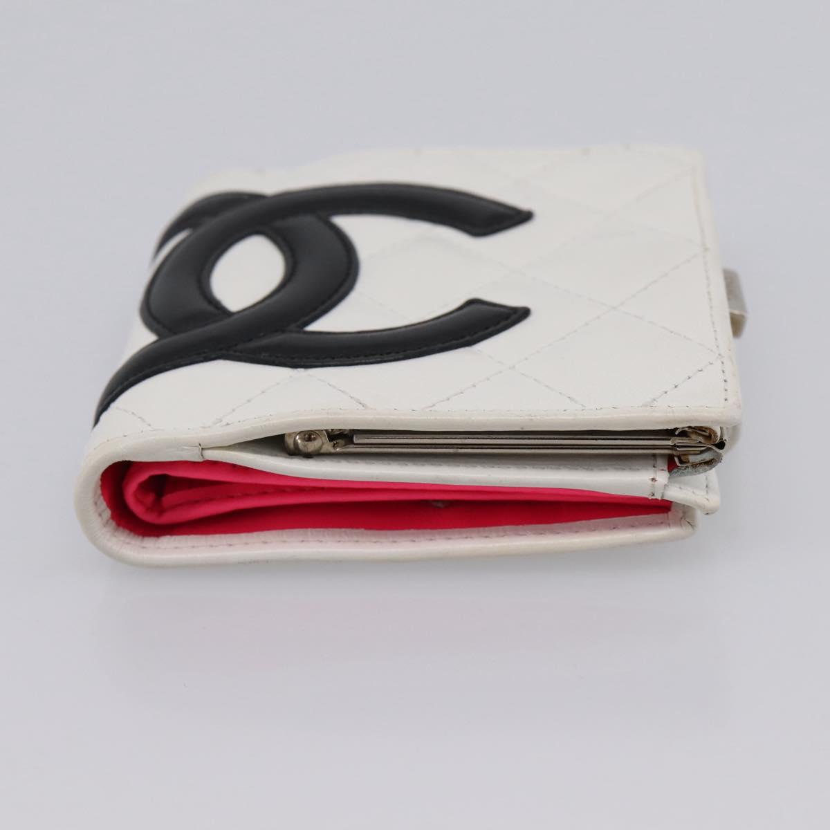 CHANEL Matelasse Cambon Line Bifold Wallet White Silver CC Auth 201384M