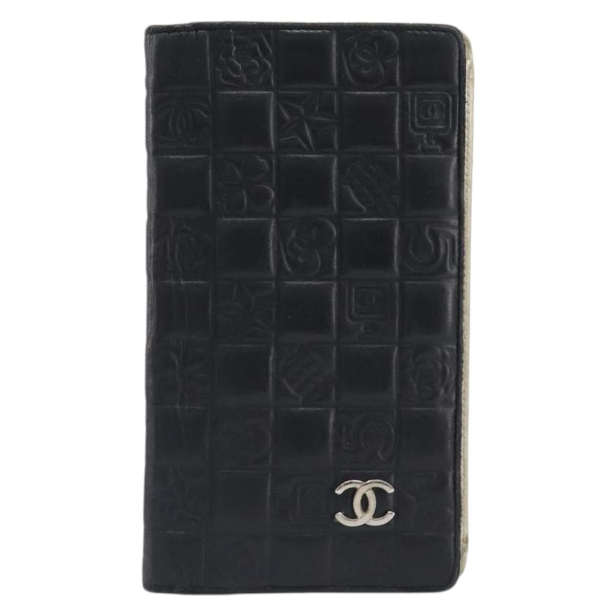 CHANEL Icon Line COCO Mark Long Wallet Leather Black Silver CC Auth 201385