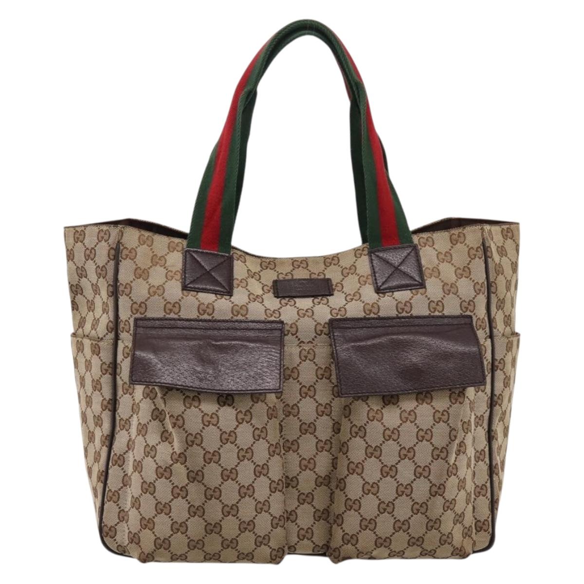 GUCCI GG Canvas Web Sherry Line Tote Bag Beige Silver 161836 Auth 201390A