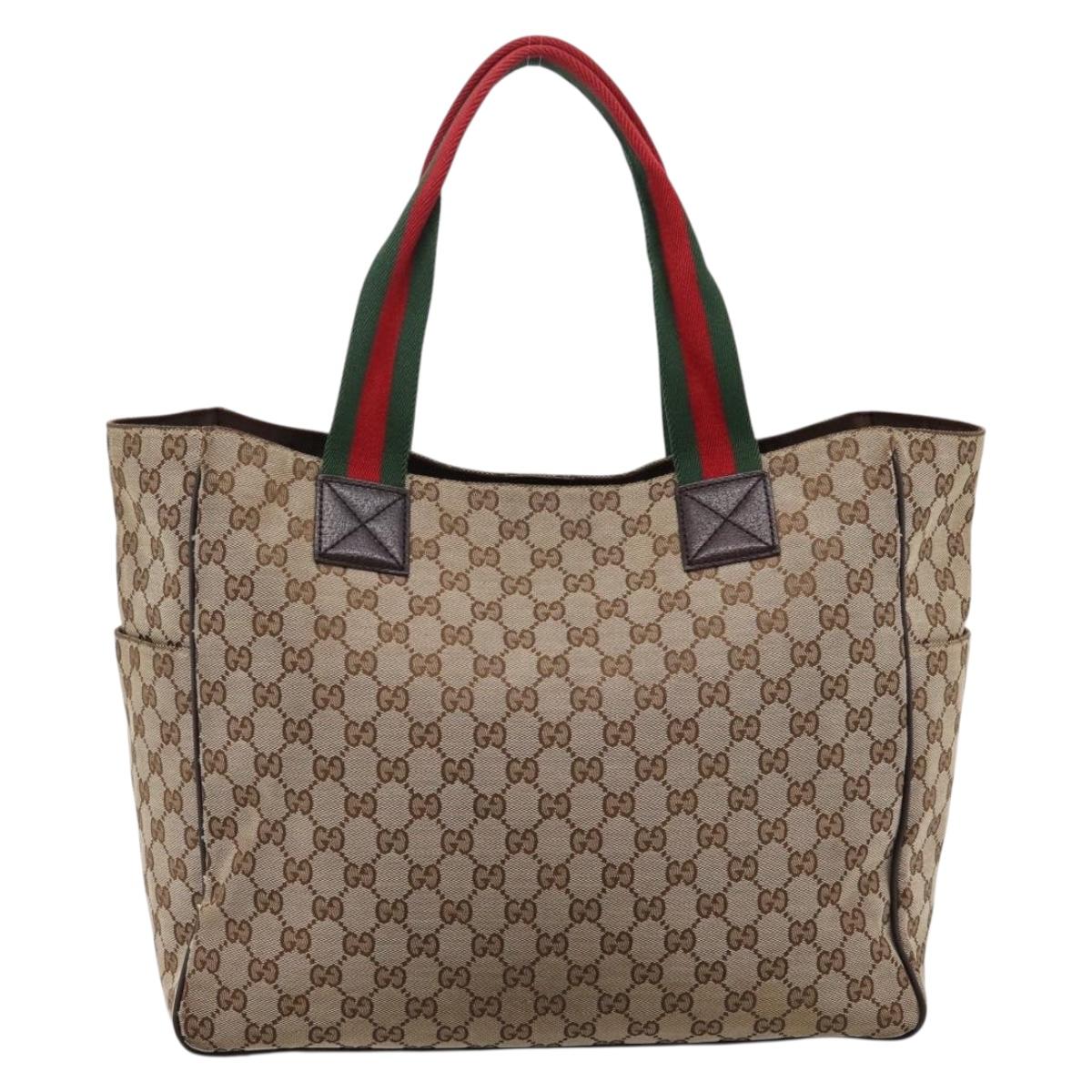 GUCCI GG Canvas Web Sherry Line Tote Bag Beige Silver 161836 Auth 201390A