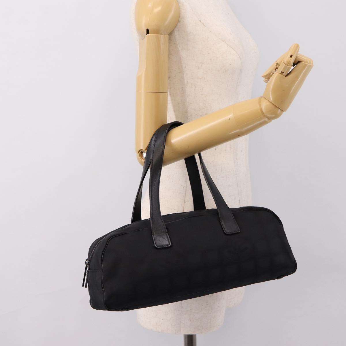 CHANEL New Travel Line Hand Bag Canvas Black Silver CC Auth 201402A