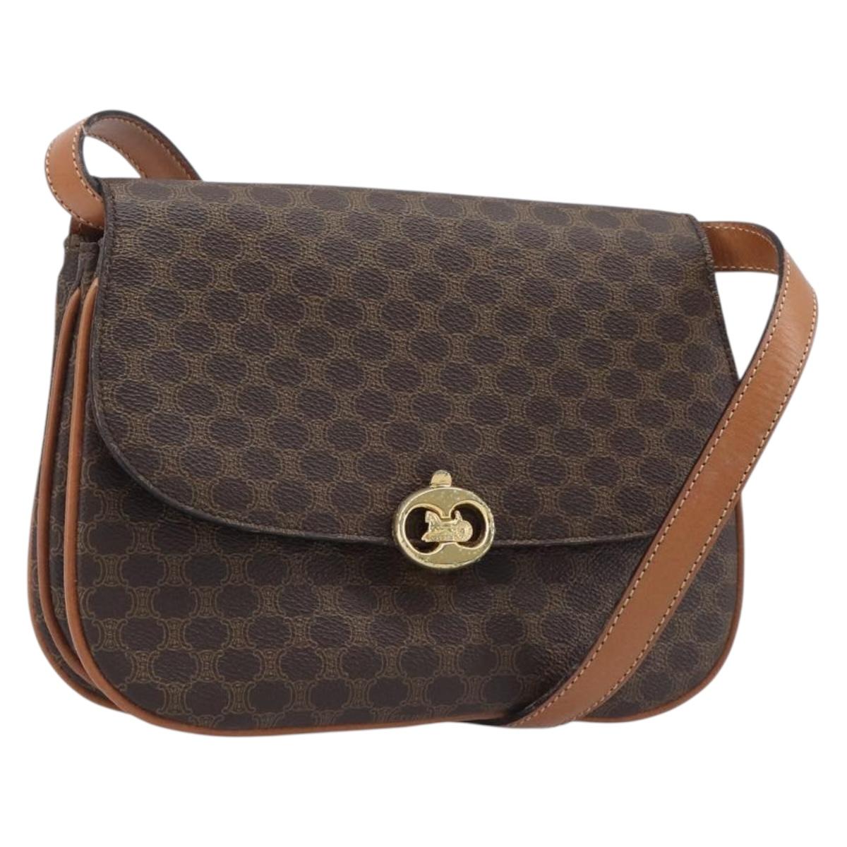 CELINE Macadam Shoulder Bag PVC Leather Brown Gold Tone Auth 201403A