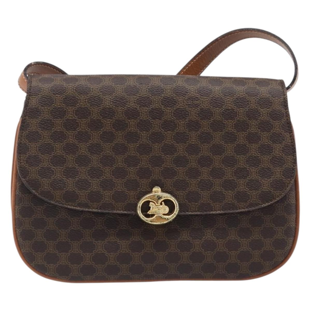 CELINE Macadam Shoulder Bag PVC Leather Brown Gold Tone Auth 201403A