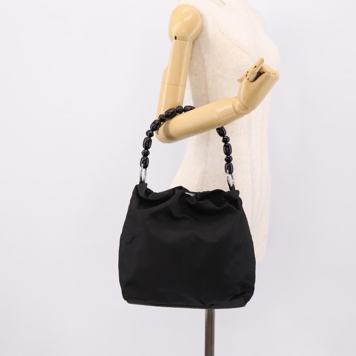 Christian Dior Maris Pearl Hand Bag Nylon Black Silver Auth 201425