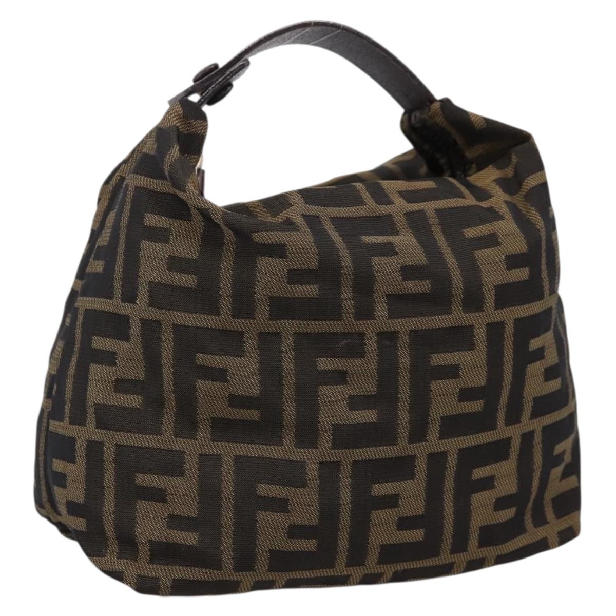 FENDI Zucca Canvas Pouch Khaki Silver Auth 201428